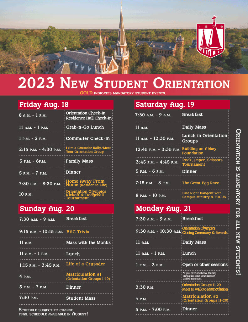 Orientation Schedules 2023 Belmont Abbey College