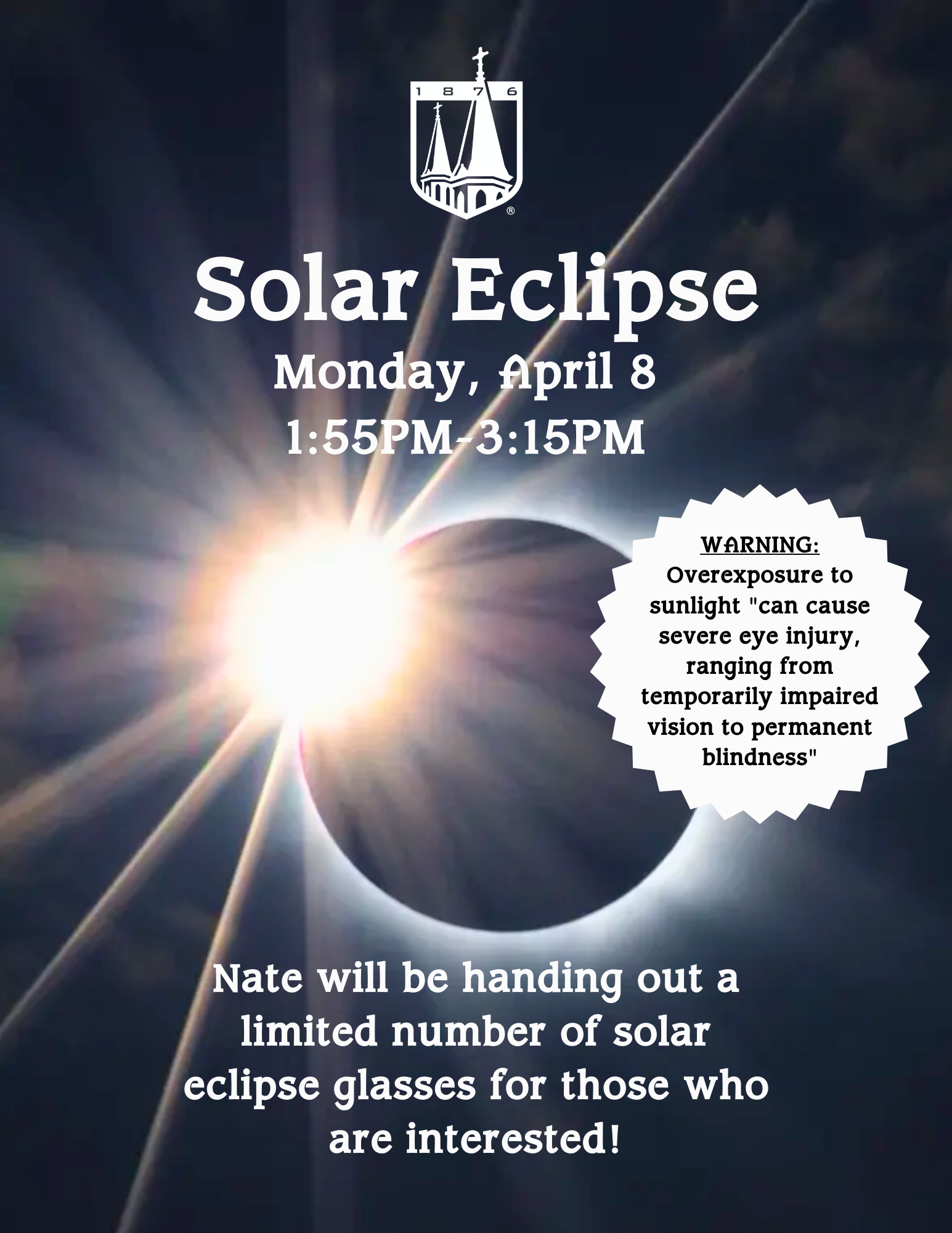 Nate Bolton will be handing out a limited number of solar eclipse glasses for those interested in observing it on Monday afternoon.
