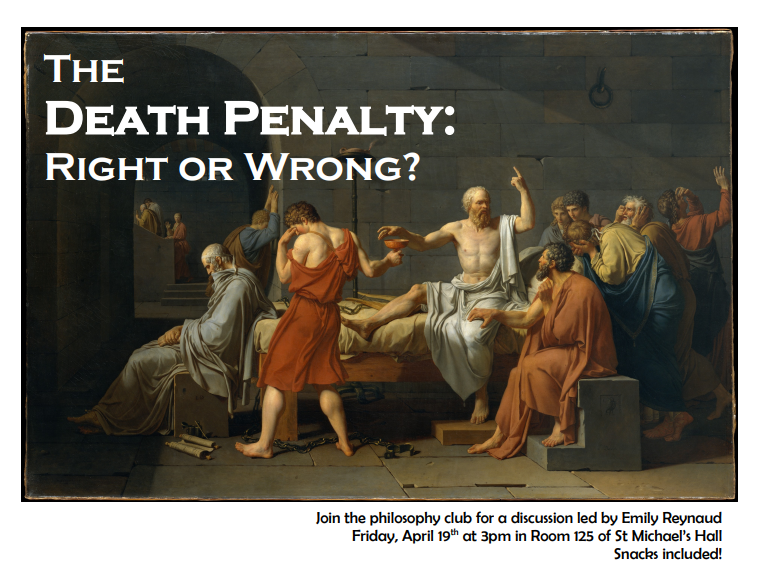 Death Penalty Philosophy Club discussion poster, featuring the painting of Aristotle's execution by drinking hemlock.